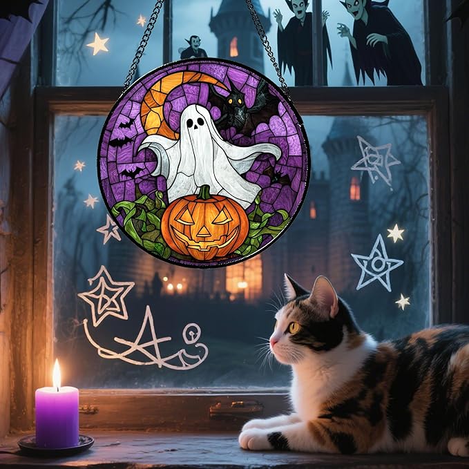 Stained Glass Window Hanging Halloween Scary Purple Night Sky Bat Ghost Large 15" - Suncatcher Door Garden Sun Catcher Gothic Home Decor Birthday Horror Gifts for Mom Men Woman Friend