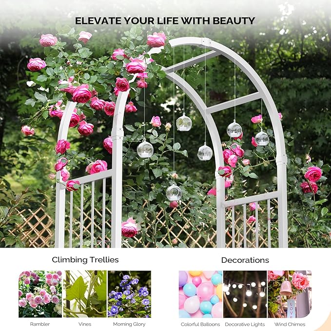 VINGLI Garden Arbor with Gate, PVC Frame Trellis Garden Arch for Plant Climbing, Vinyl Pergola Wedding Arch Backdrop Standing for Backyard, Lawn, Event (White)