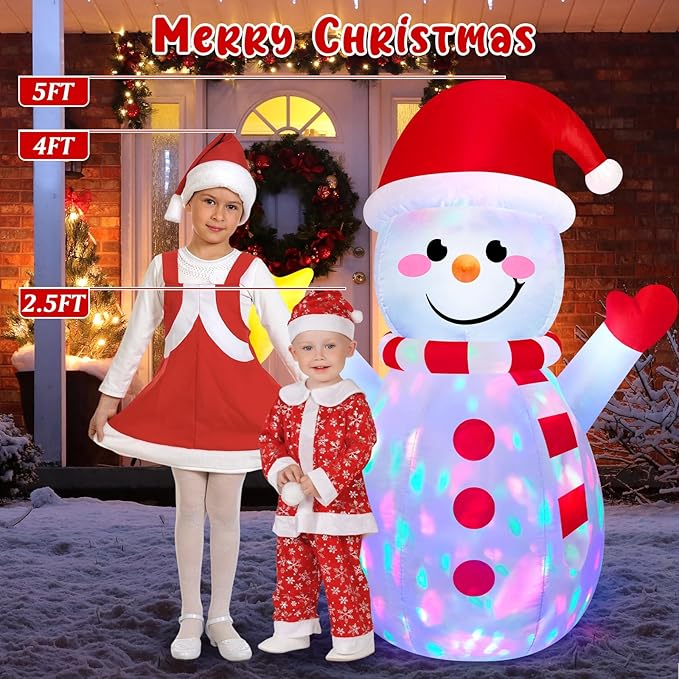 5FT Snowman Inflatable Outdoor Christmas Inflatables Blow Up Yard Decorations, Built-in Colorful Rotating LEDs Funny Merry Xmas Snow Man Decor with Star & Smile for Holiday Garden Patio Lawn Party