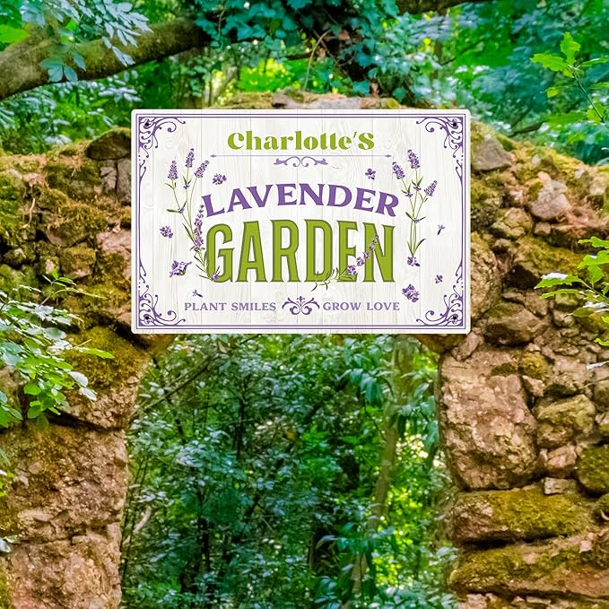 Custom Lavender Garden Sign, Personalized Name for Flower Garden, Christmas Gift and Backyard Décor Sign, 12x18 Inches, Rust Free .063 Aluminum, Fade Resistant, Made in USA by Sigo Signs