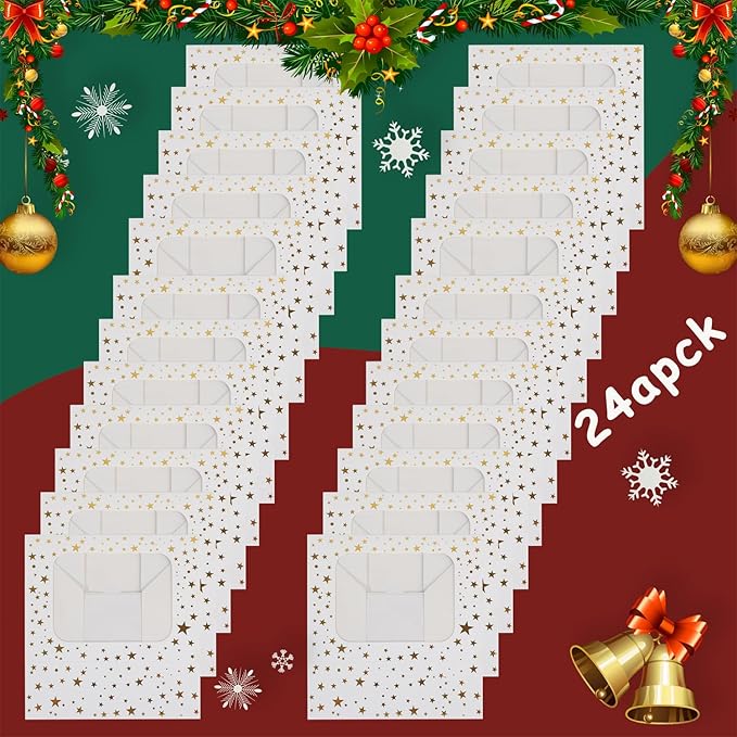 24Pcs Christmas Cookie Boxes with Window - Gold Foil Star Pastry Boxes for Gift Giving, Bakery Boxes, White Christmas Cookie Tins with Lids,Dessert, Donut, Baked Goods Packaging