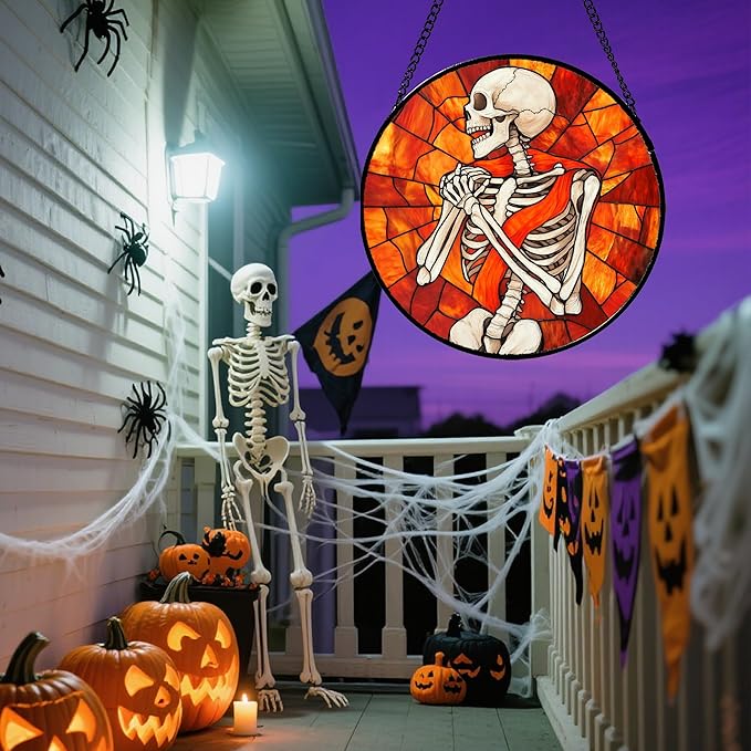 Stained Glass Window Hanging - Halloween Decorations Fear Skeleton Suncatcher for Doors Garden Indoor Spooky Funny Sun Catchers Gothic Decor Horror Gifts for Women Men Friend 9.8 in