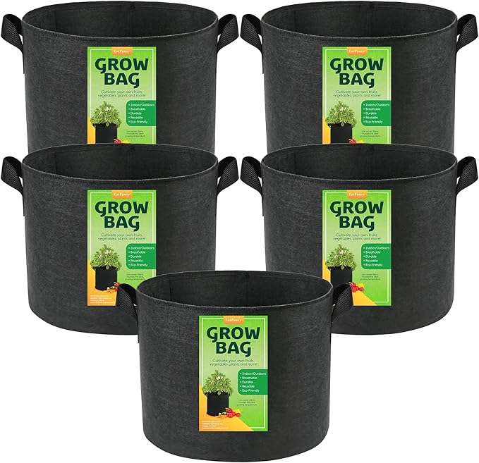 LotFancy 5-Pack 10 Gallon Grow Bags, Thickened Nonwoven Aeration Fabric Pots with Reinforced Handles, Heavy Duty Gardening Planter Containers for Vegetables Flowers Fruits, Black