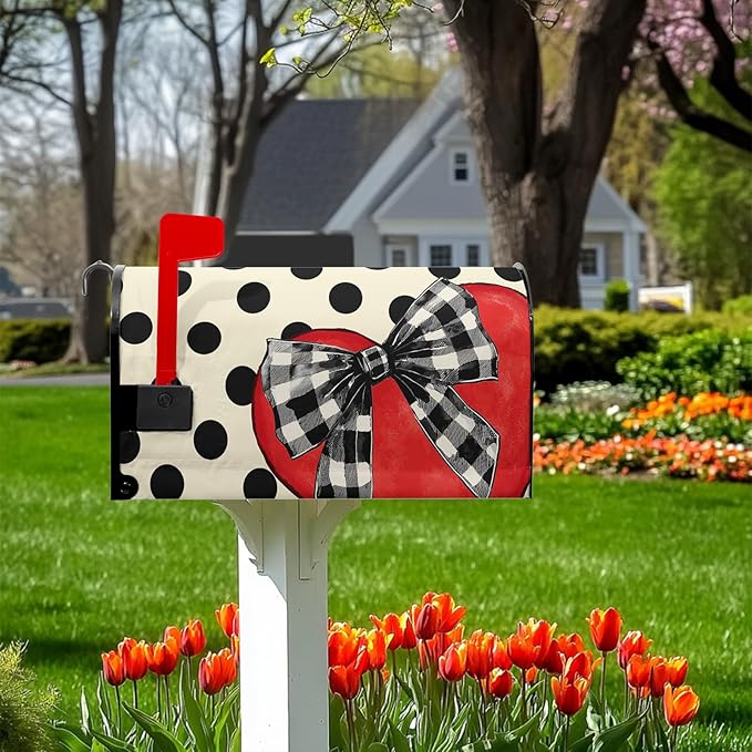Valentines Mailbox Covers Magnetic Red Love Heart Mailbox Cover Standard Size 21x18 inch Polka Dot Bowknot Buffalo Plaid Decorative Mailboxes for Outside Garden Yard