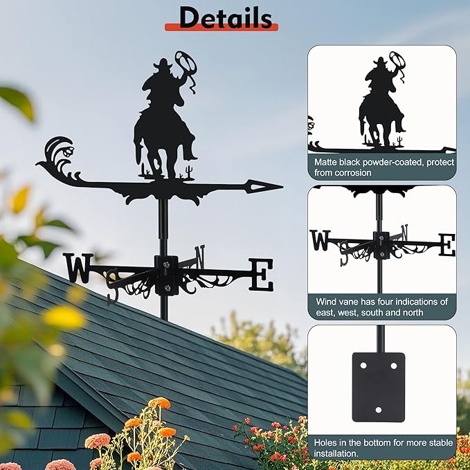 Cowboy Weather Vane, Black Metal Weathervane Roof Mount, Wind Vane Ornament Decoration for Shed Garden Yard Farmhouse Patio Decor, Wind Direction Indicators Wind Measuring Tool Outdoor