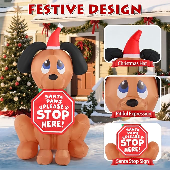 Christmas Inflatable Outdoor Decorations, 4FT Inflatables Dog Yard Decor with Hat & Sign, LED Lights Blow up Puppy Holiday Decorations for Indoor Outside Lawn Garden