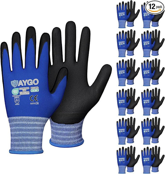 KAYGO Safety Work Gloves MicroFoam Nitrile Coated, 12 Pairs, KG18NB,Seamless Knit Nylon Glove with Black Micro-Foam Nitrile Grip,Ideal for General Purpose,Automotive,Home Improvement,Blue,M