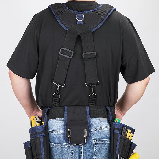 Tool Belt Suspenders for Men, Adjustable Padded Carpenter Tool Belt with Magnetic WristBand Multifunctional Pouch Pocket for Construction Workers (Black)