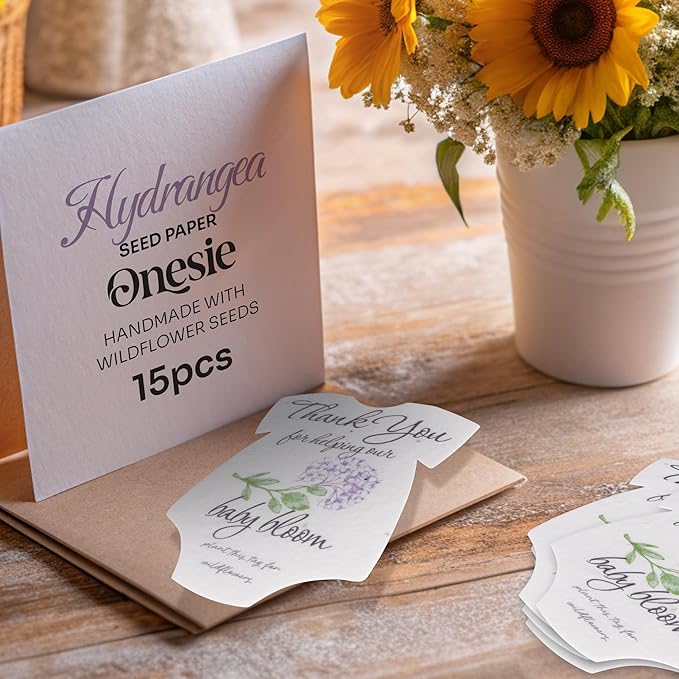 Onesie Seed Paper – 15Pcs Hydrangea Baby Shower Favors for Guests with Wildflower Seeds, Writable & Plantable, Baby Shower Gifts for Guest