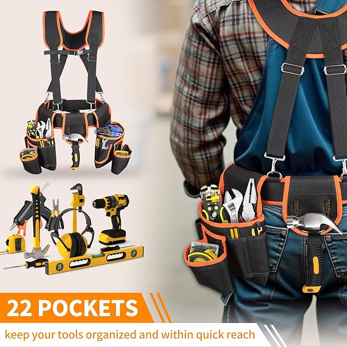 Tool Belt with Suspenders, Professional Tool Belt for Men, 18-Pocket Adjustable Heavy Duty Tool Organizer for Electrician, Carpenter, Framer, Construction Worker, Black & Orange (32''–66'')