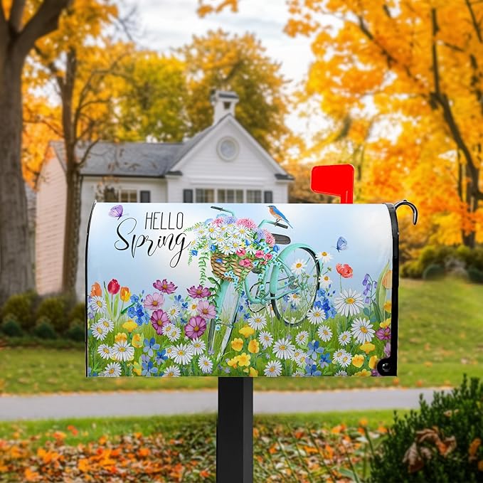 Hello Spring Mailbox Cover - Daisy Mailbox Covers Magnetic Standard Size 21x18 in - Beautiful Floral Bicycle - for Outside Garden Decoration