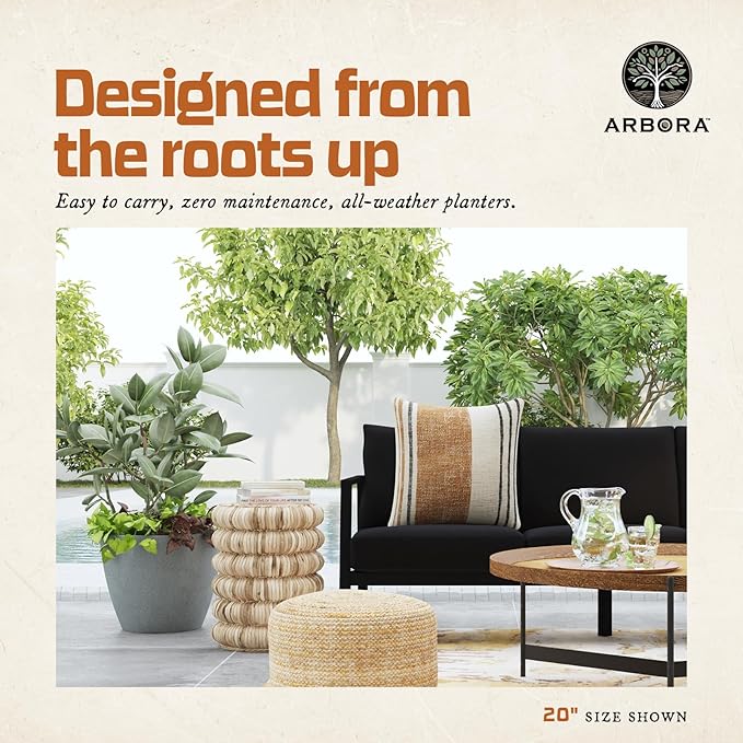ARBORA 20" Valencia Polyresin Indoor and Outdoor Planter with Stone Blend Concrete Gray Finish - Durable, Weatherproof, Lightweight, Large Plant Pot for Patio, Garden, Deck, Entryway