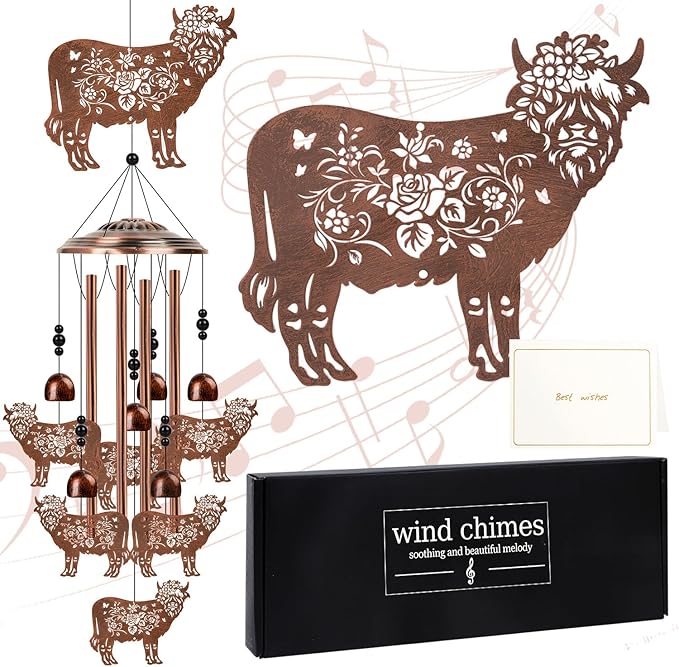 Highland Cow Wind Chimes - Cow Gifts for Men Women, Mom Grandma Wife Friends Birthday, Sympathy Memorial Wind Chimes for Outside, Garden Patio Yard Porch Home Decor