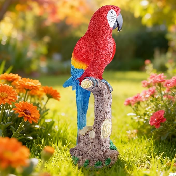 Vivid Standing Parrot Resin Statue - Lifelike Bird Animal Sculpture for Garden Courtyard Decor & Indoor Desktop Office Table Ornament
