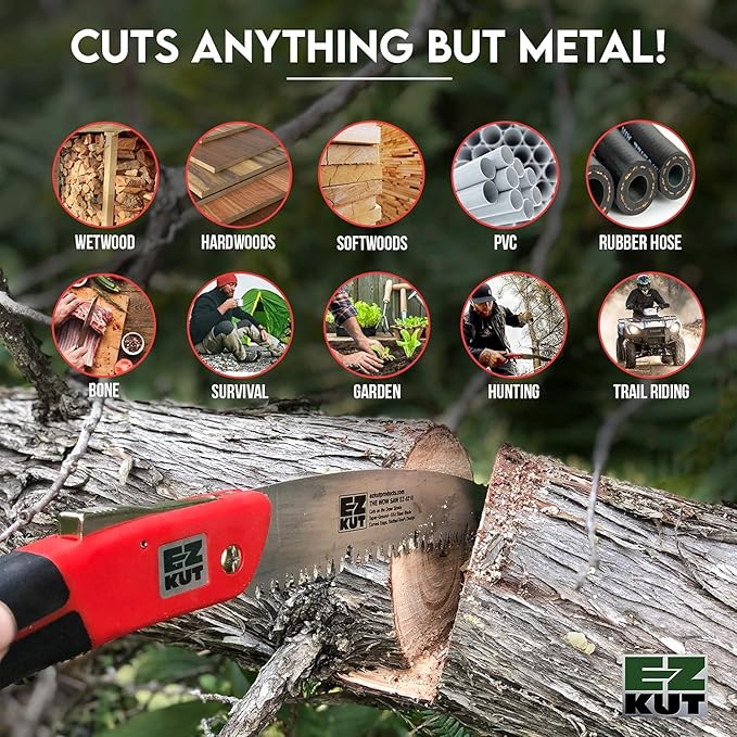 EZ KUT WOW Folding Saw 10” – Heavy-Duty Hand Saw for Tree Trimming, Pruning & Wood Cutting – Compact Foldable Design for Camping, Hunting & Survival – Razor Sharp SK4 Steel Blade
