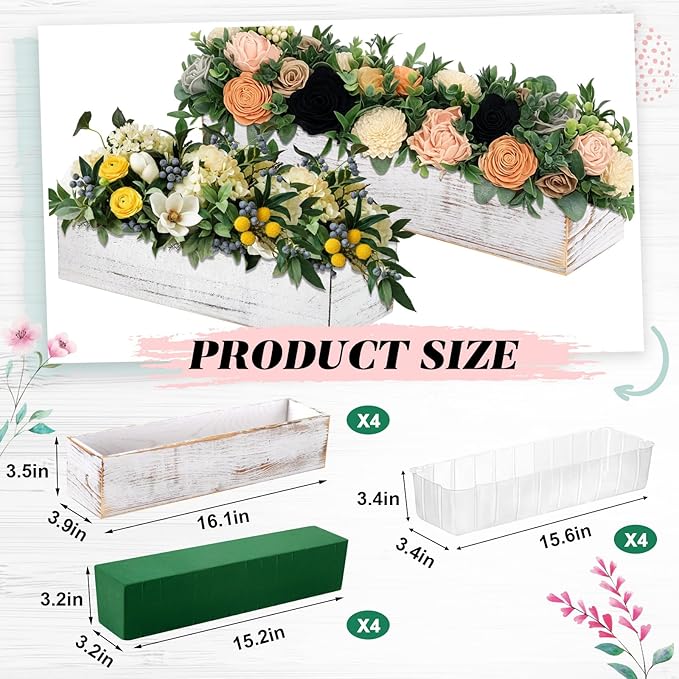 Dandat 4 Set Wood Boxes for Centerpieces 16x4 Inch Rectangle Wooden Planter Box Rustic Wooden Planters with Removable Plastic Liner Floral Foam Blocks for Christmas Wedding Home Garden Decor