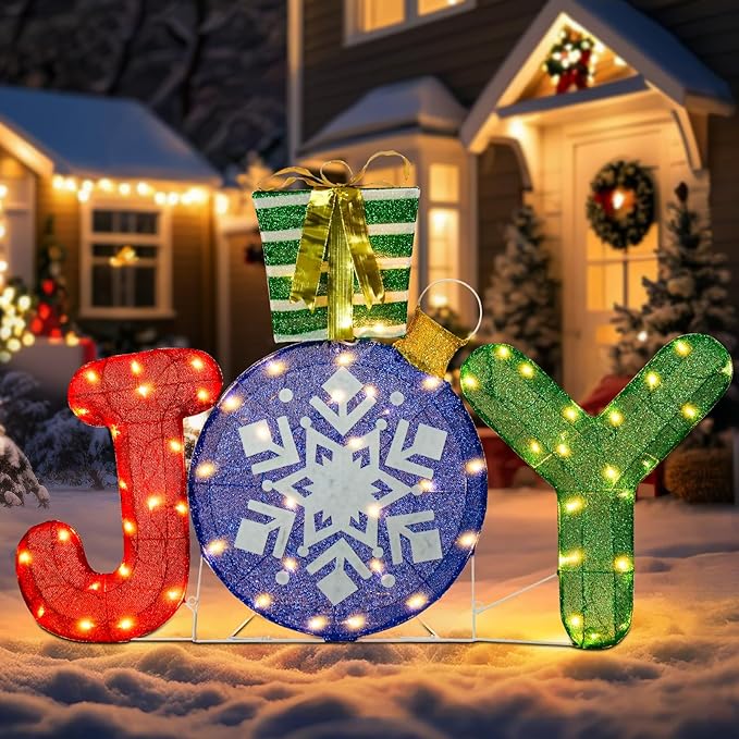 Lighted Christmas Joy Outdoor Decoration 3D Joy with Gift Box Glittered Lighted Up Standing Ornament Outdoor Indoor Christmas Decoration for Home Lawn Yard Garden Display