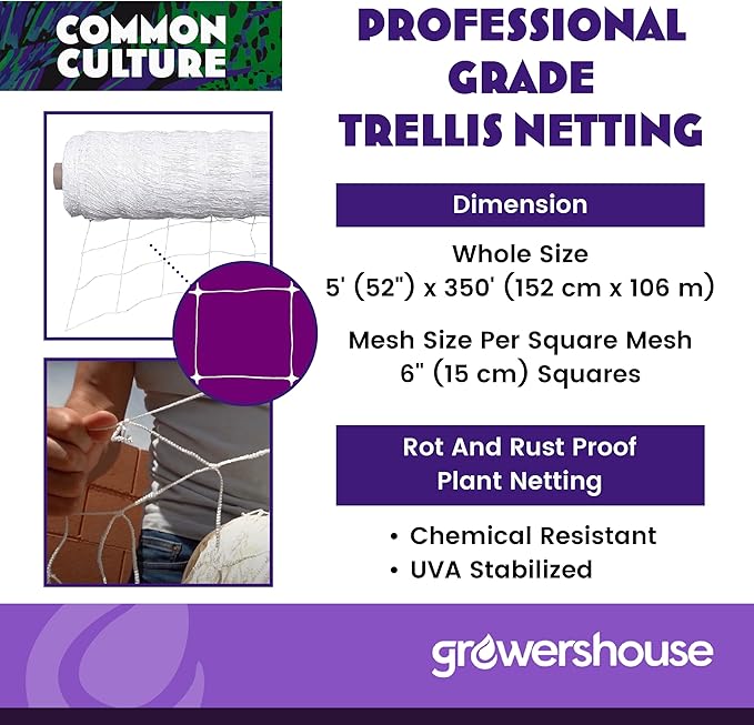 COMMON CULTURE Grow Strong Plant Trellis + Trojan Scissors - 6" Square Soft Mesh Nylon Trellis Netting Bulk Roll - Heavy-Duty Garden Netting for Plants - 5' x 350' - 1 Roll