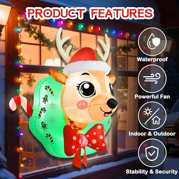 5FT Christmas Reindeer Inflatable Outdoor Yard Decoration Blow Up Inflatables Window Wreath with LED Lights for Xmas Holiday Décor