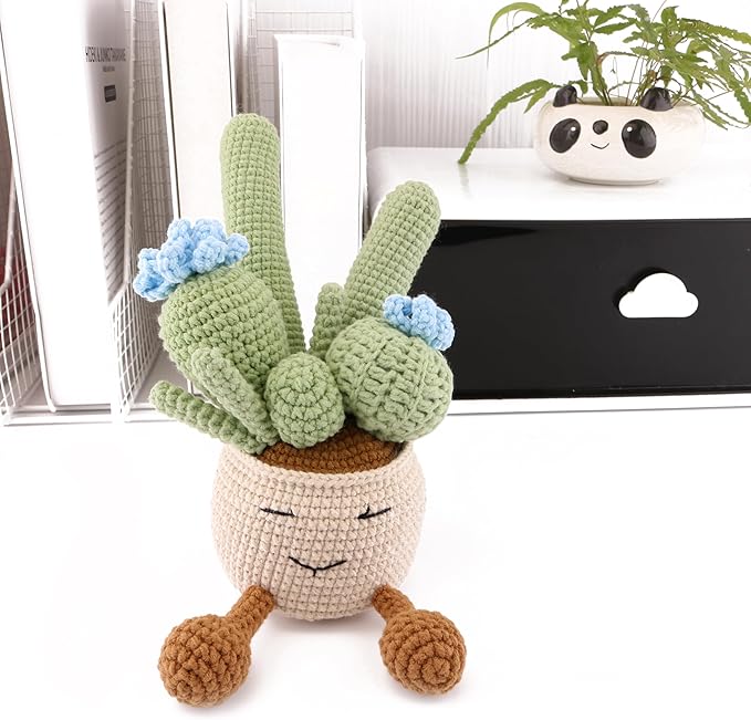 Crocheted Cactus Plants by Hand, Simulated Succulent Plants Potted with Wool Woven Flower for Father's Day, Mother's Day, Thanksgiving Day, Christmas Day and Wedding Decoration (Blue)