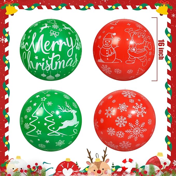 4 PCS 16 Inch Christmas Inflatable Balloons PVC Hanging Christmas Inflatable Outdoor Balls for Xmas Garden Lawn Yard Holiday Front Door Decoration