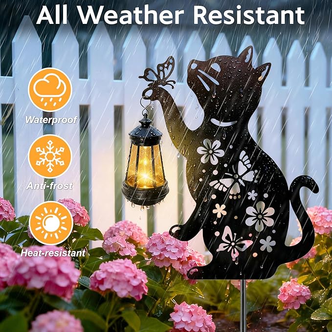 ANGMLN Cat Outdoor Solar Lantern Waterproof, Birthday Gifts for Christmas Women Mom, Solar Hanging Lights with Butterfly, Black Cat Metal Figurine Garden Decor Patio Yard Pathway Backyard Ornaments