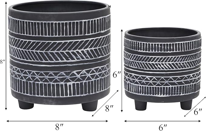 Set of 2 Tribal Look Footed Decorative Planter Pot – Ceramic Stoneware Outdoor and Indoor Plant Pot – Modern Garden and Home Decor Planters – 6" and 8", Black