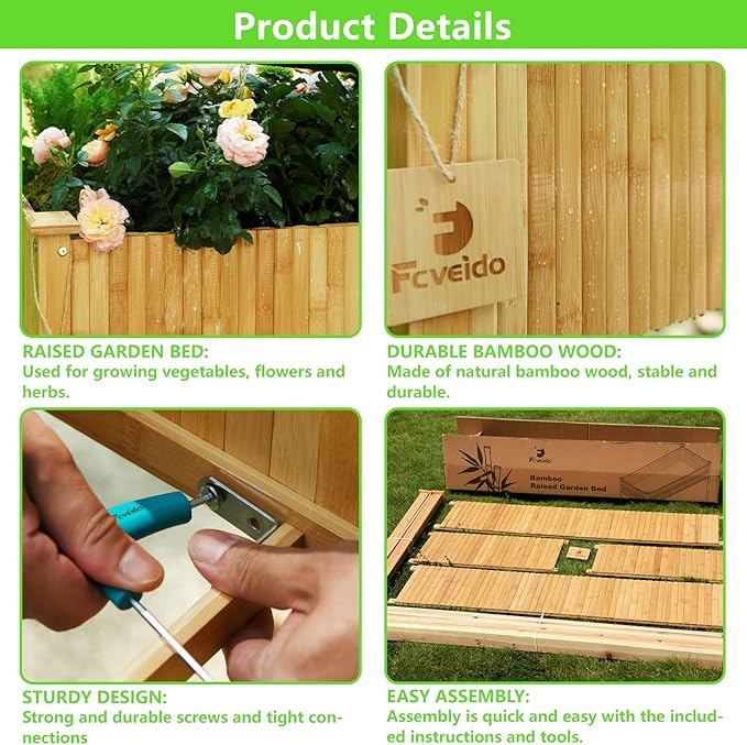 Bamboo Raised Garden Bed, Planter Boxes Outdoor, Garden Boxes Outdoor Raised. Standing Growing Bed for Growing Fresh Herbs, Vegetables, Succulents, Flowers (48x25x30 Inch)
