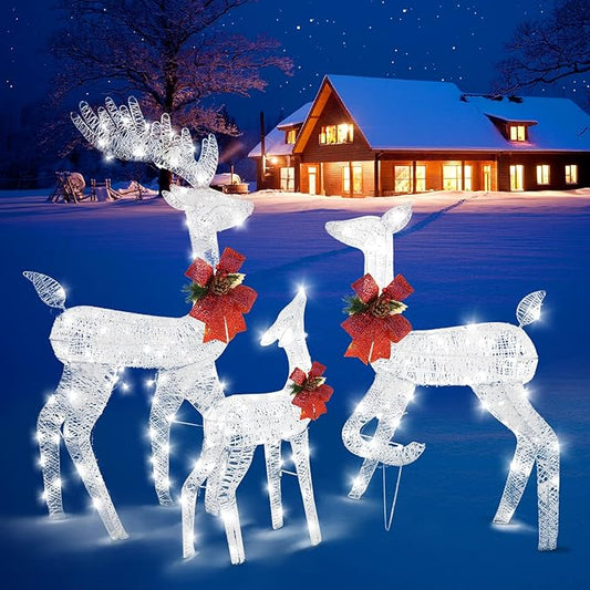 VINGLI Lighted Reindeer Christmas Decoration 3-Piece Deer Family Set for Outdoor Decor, Pre-lit 270 LED Christmas Deers for Outdoors Yard Ornament with Stakes, Zip Ties-White
