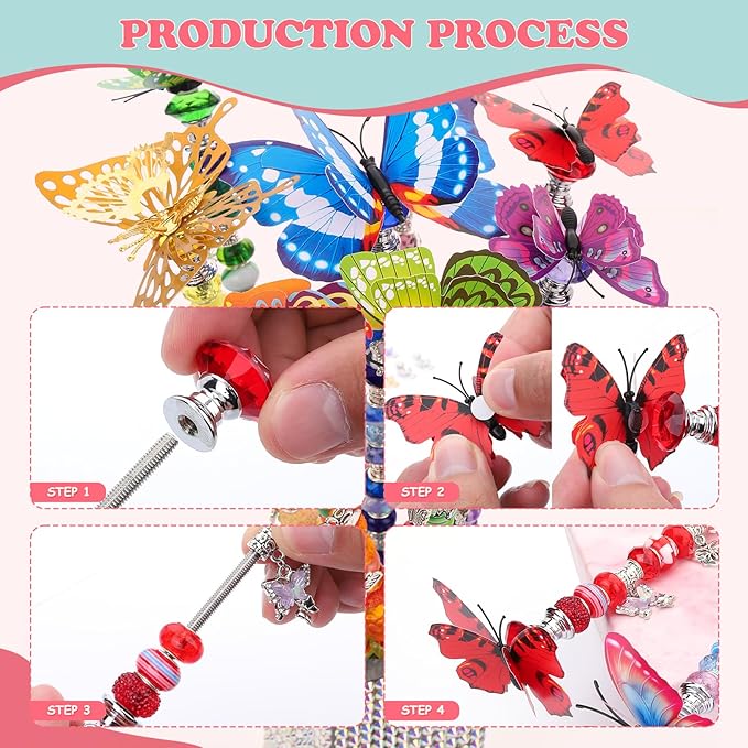 Beaded Garden Stake, DIY Fairy Wand Beaded Decorative Butterfly Garden Stake Kit with 12IN Threaded Rod Crystal Stopper Top Large Holes Beads Butterfly Decoration Pendants Outdoor Fairy Garden kit