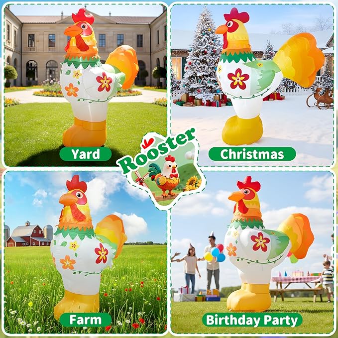 6FT Christmas Spring Farm Ranch Rooster Inflatables Blow up Cute Animals Decorations with LED Light Outdoor Indoor Graden Yard Party Lawn Holiday Decor