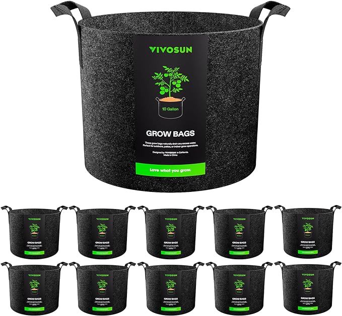 VIVOSUN 10-Pack 10 Gallon Grow Bags, Reinforced Planter Fabric Pots for Gardening Black