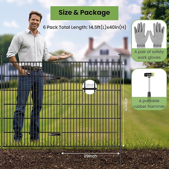Garden Fence Panels with Gate 14.5ft(L) X 40in(H), Garden Fencing for Yard Includes Gloves, Hammer&Zip Ties, Rustproof Metal Wire Temporary No Dig Dog Fence Outdoor for Yard
