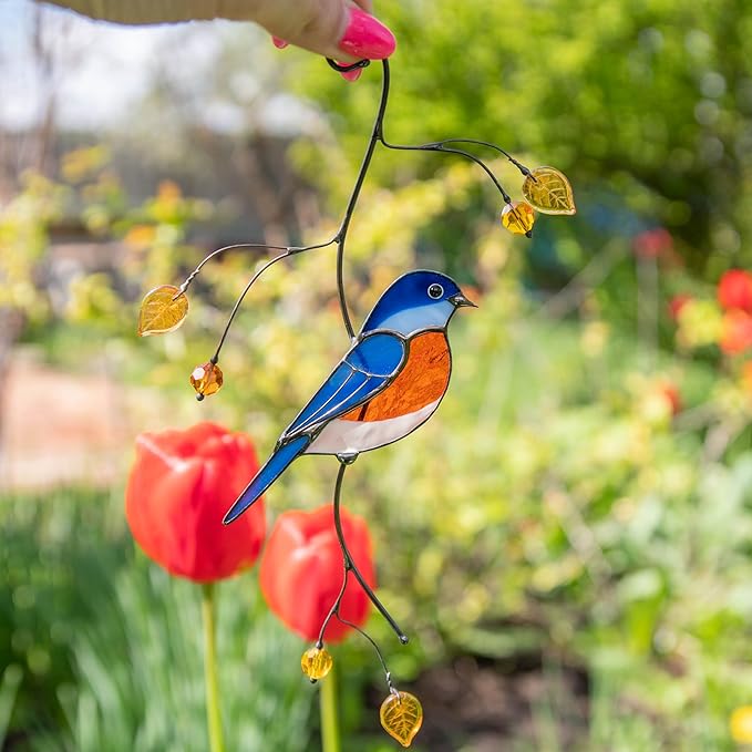 Gift Birds Handmade Stained Glass Suncatcher Genuine Stained Glass Window Hangings Unique Indoor Ornament & Outdoor Decor (Bluebird)