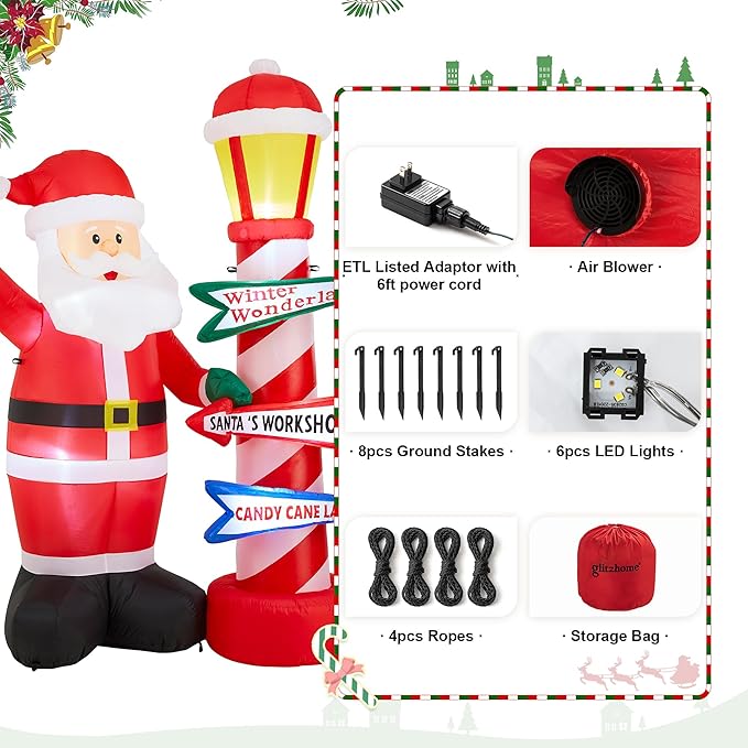 eUty 7ft Christmas Inflatable Outdoor Decoration Lighted Santa with Lamp Post Sign Decor Waterproof Christmas Blow Up Yard Decorations for Xmas Holiday Party Yard Garden Lawn Decor