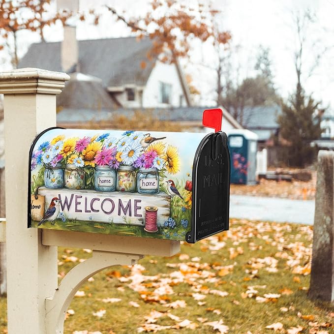 Spring Summer Floral Mailbox Covers Magnetic Standard Size 21 X 25.5 Inch Welcome Magnetic Mailbox Cover Bird Flowers Mailbox Wraps Post Box Cover Decoration Outdoor Garden Home Yard Outside