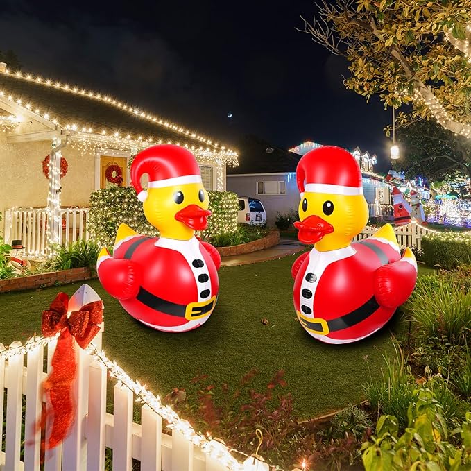 1 Pcs 4.6 Feet Christmas Giant Inflatable Snowman Duck Outdoor Decorations,Huge Blow Up Yard Yellow Duck with Red Snowman Cloth Pool Float for Indoor Christmas Holiday Party Garden Patio Lawn Decor