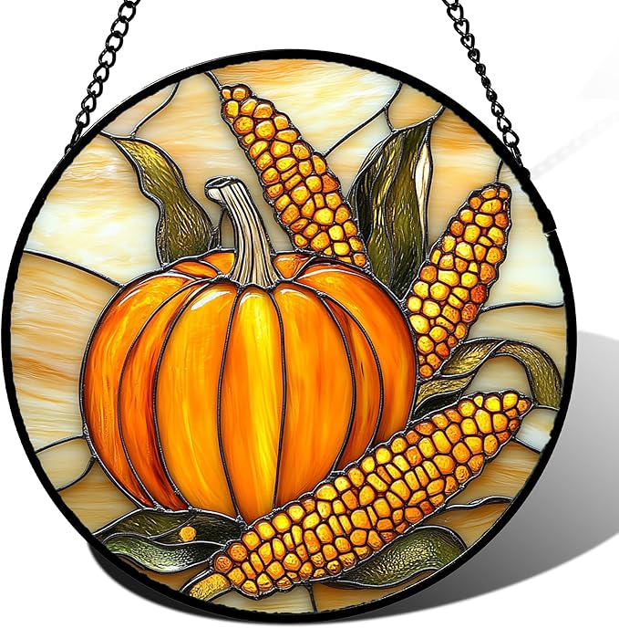 Stained Glass Window Hanging Autumn Harvest Pumpkin Corn 6.3" - Suncatcher Door Garden Kitchen Sunroom Sun Catcher Fall Home Decor Birthday for Mom Grandma Men Woman