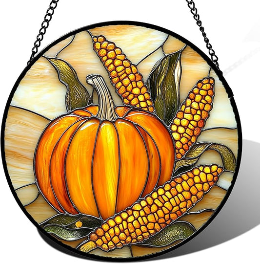 Stained Glass Window Hanging Autumn Harvest Pumpkin Corn 6.3" - Suncatcher Door Garden Kitchen Sunroom Sun Catcher Fall Home Decor Birthday for Mom Grandma Men Woman