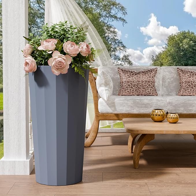 23.6" Tall Planters for Outdoor Plants, Large Outdoor Planters for Porch Decor with Drainage Hole, Wide Stripe Design Flower Pots Fits Indoor Plants Patio/Garden, Plastic Gray Blue (2 Pack)