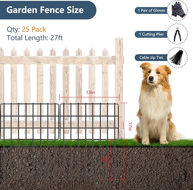 25 Pack Animal Barrier Fences, 1.25in Gap No Dig Garden Fence for Dog Rabbit, 17in (H) X 27ft (L) Rustproof Metals Ground Defense Border for Garden, Patio, Yard, Landscaping