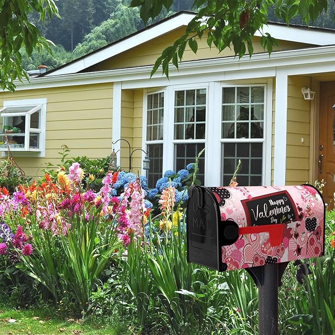 Happy Valentine's Day Mailbox Cover - Red Love Heart Magnetic Mailbox Cover - Floral Holiday Letter Post Box Wrap - Standard Size 18" X 21" for Garden Outdoor Yard Decor