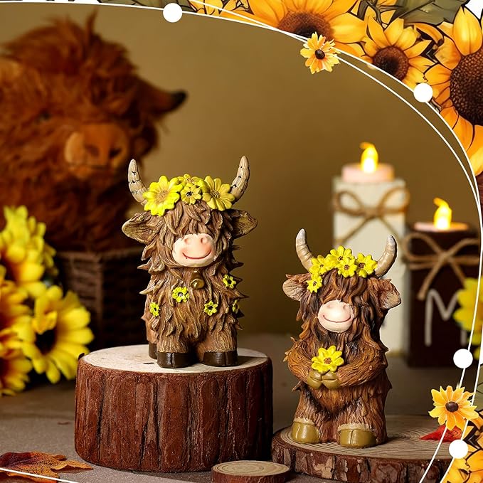 2 Pcs Highland Cow Figurines Decor Cow Gnomes with Sunflower Resin Statue Calf Lovers Gifts for Farmhouse Home Garden Bathroom Kitchen Office Tiered Tray Table Decor