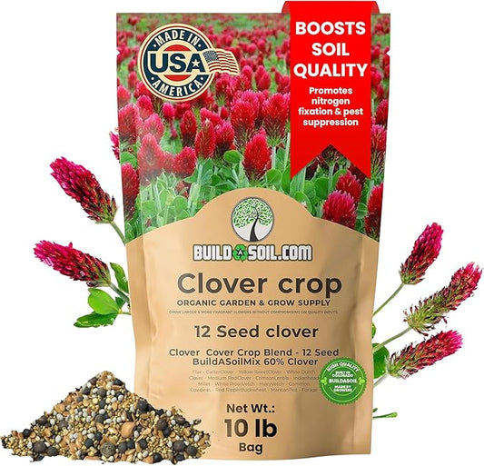 BuildASoil No-Till Clover Seed Cover Crop Blend 12 Species Cover Crop Seed Mix Premium Clover Seeds for Lawn - Plants Friendly Cover Crop for Garden - 60% Clover (10 LB Bag)