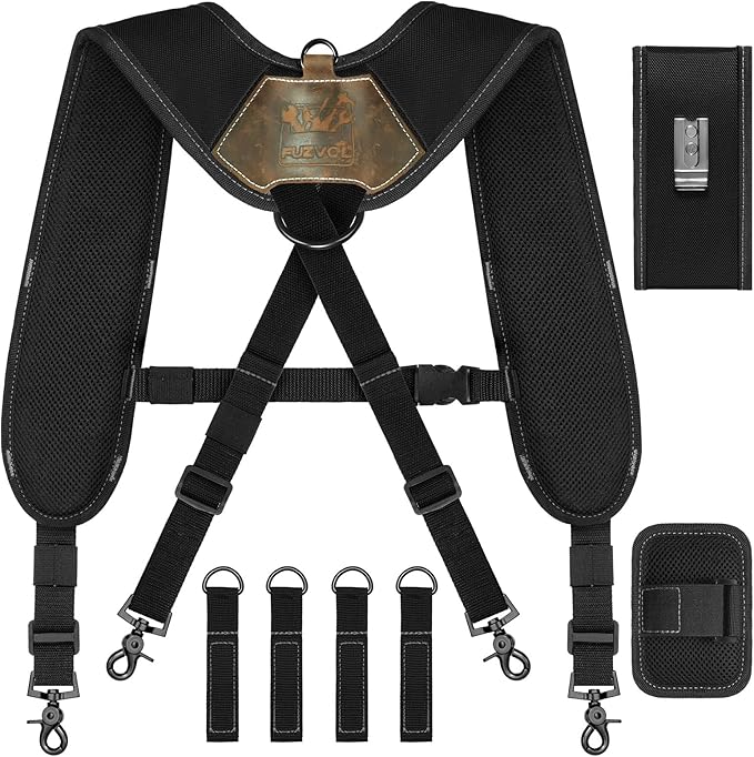 Tool Belt Suspenders, Tool Bag Suspenders, Work Belt Suspender with Magnetic Wristband and Loop Attachment, Padded Construction Suspender for Carpenter, Electrician, Framer, Black