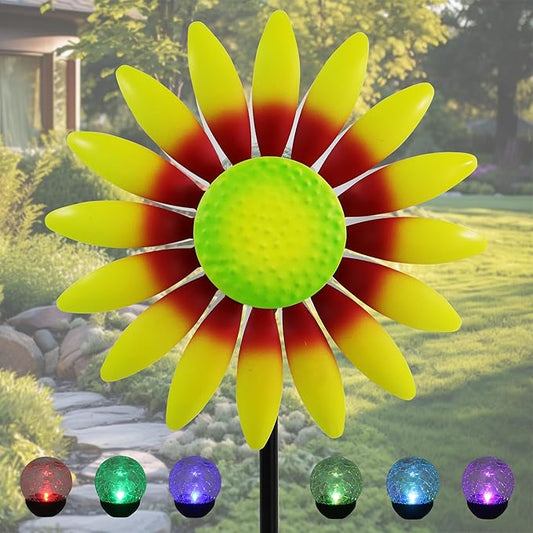 Decorative Metal Garden Daisy-Style Rotator, Decorative Garden Post, Daisy-Style Sculpture Courtyard. Outdoor Courtyard Art. (Yellow)