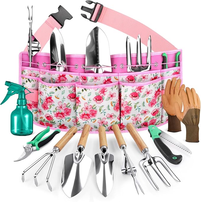 All-in-One Garden Tool Set with Tools Organizer Belt Adjustable, 10-Piece Heavy Duty Gardening Hand Tools, Long Lasting Rust-Proof Premium Garden Tool Kit, Gardening Gift for Women Men (Pink)