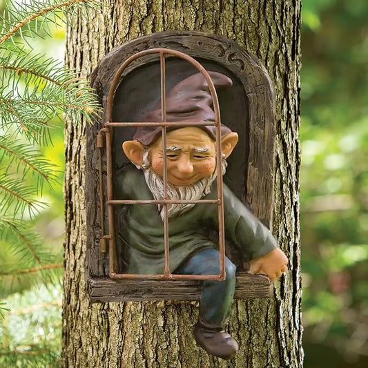 Gnome Tree Faces Statue Decor, 13 Inch Fairy Elf on The Shelf Door Whimsical Decorations, Yard Art Hugger for Garden Accessories Outdoor Wall