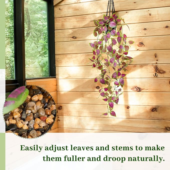 Artificial Hanging Potted Plants, Small Fake Purple Potted Plant Faux Ivy Vine Plant for Shelf Home Office Indoor Outdoor Garden Greenery Decor (Black Pot)