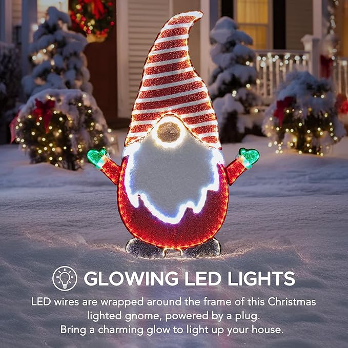 SUNJOY Large 4 FT Christmas Lighted Gnome, Eye-Catching 2D Tinsel Santa Gnome Outdoor Garden Yard Lawn Big Festive Holiday Decoration with Lights for Indoor & Outdoor